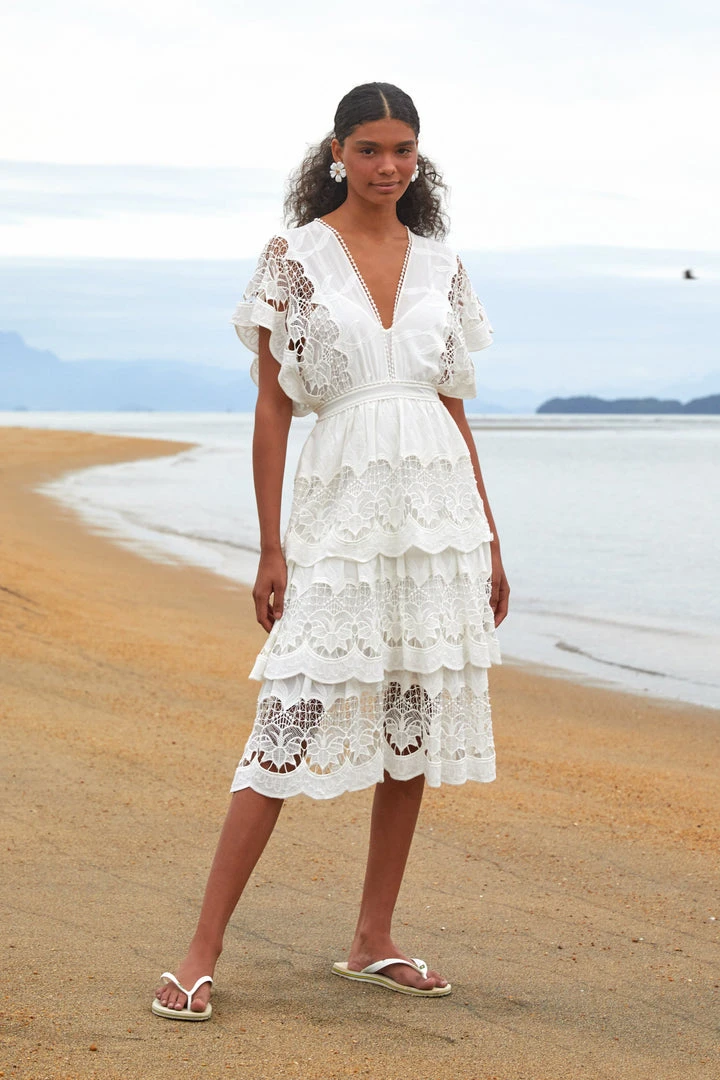 FARM RIO OFF WHITE RICHELIEU MIDI DRESS New In 1 FARM RIO OFF WHITE RICHELIEU MIDI DRESS New In
