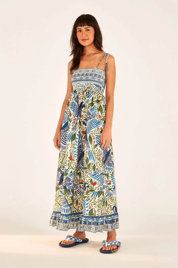 FARM RIO Most Loved Off White Macaw Flight Smocked Maxi Dress 1 FARM RIO Most Loved Off White Macaw Flight Smocked Maxi Dress