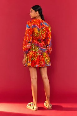 FARM RIO Most Loved RED MAGIC FOREST V NECK MINI DRESS