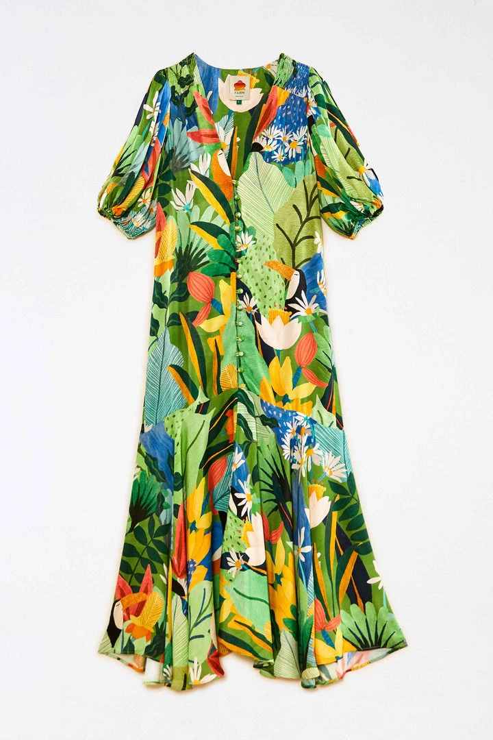 FARM RIO Vintage Toucans Button-Down Midi Dress New In 6 FARM RIO Vintage Toucans Button-Down Midi Dress New In