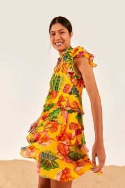 FARM RIO Yellow Beaks & Bananas Layered Mini Dress