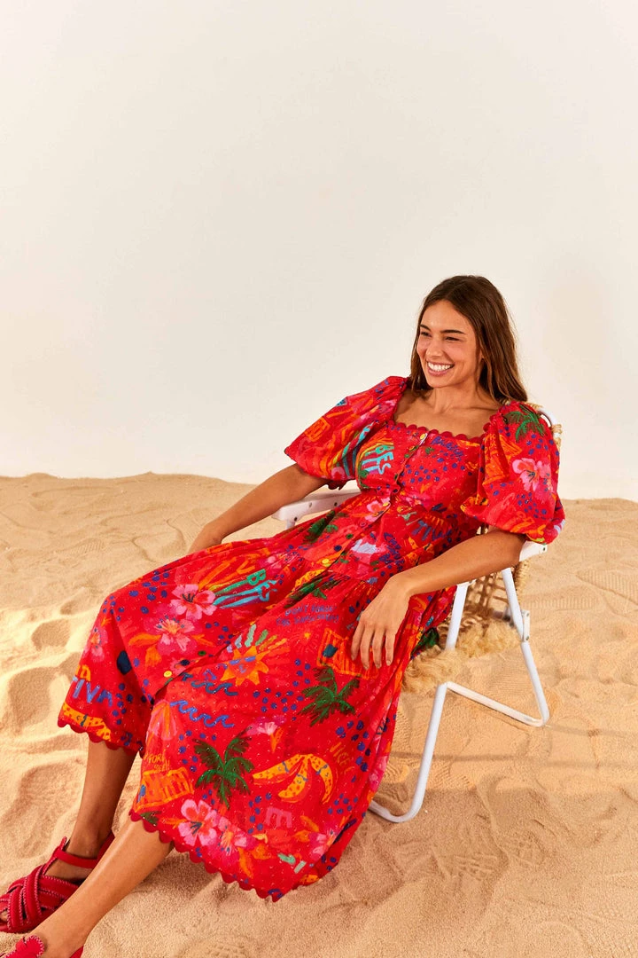 FARM RIO New In Red Good Vibes Puff Sleeve Midi Dress 3 FARM RIO New In Red Good Vibes Puff Sleeve Midi Dress