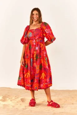 FARM RIO New In Red Good Vibes Puff Sleeve Midi Dress 9 FARM RIO New In Red Good Vibes Puff Sleeve Midi Dress