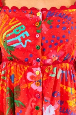 FARM RIO New In Red Good Vibes Puff Sleeve Midi Dress 10 FARM RIO New In Red Good Vibes Puff Sleeve Midi Dress