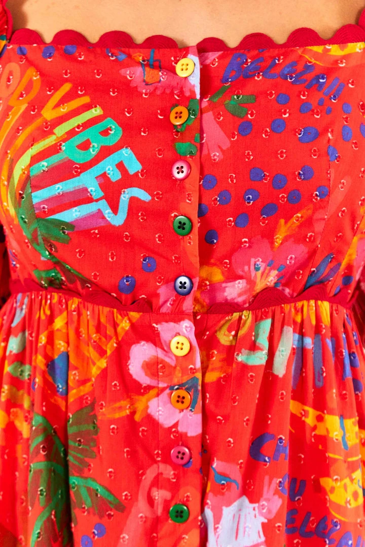 FARM RIO New In Red Good Vibes Puff Sleeve Midi Dress 5 FARM RIO New In Red Good Vibes Puff Sleeve Midi Dress