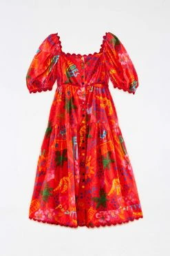 FARM RIO New In Red Good Vibes Puff Sleeve Midi Dress 11 FARM RIO New In Red Good Vibes Puff Sleeve Midi Dress