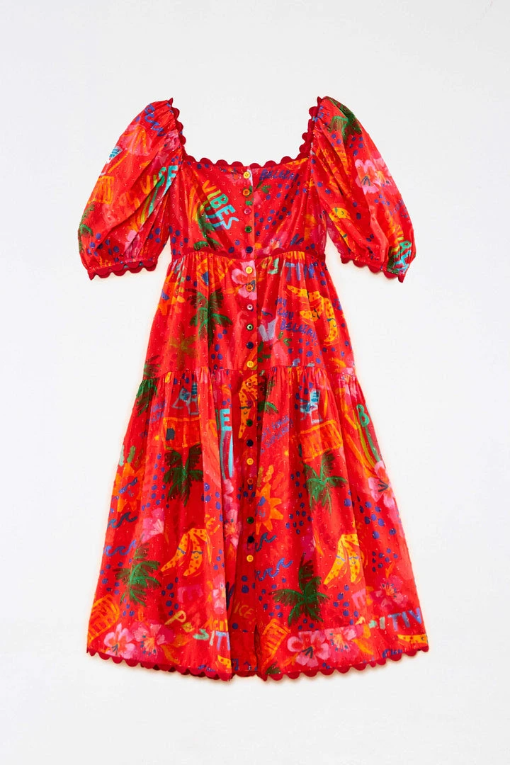 FARM RIO New In Red Good Vibes Puff Sleeve Midi Dress 6 FARM RIO New In Red Good Vibes Puff Sleeve Midi Dress