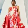 FARM RIO Mixed Red Monstera Asymmetrical Midi Dress