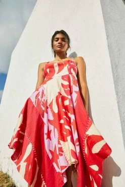 FARM RIO Mixed Red Monstera Asymmetrical Midi Dress