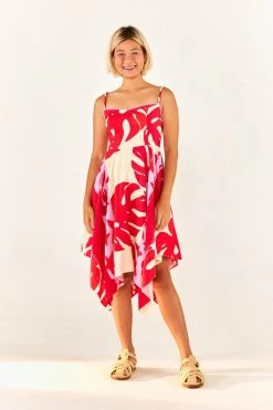 FARM RIO Mixed Red Monstera Asymmetrical Midi Dress