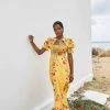 FARM RIO Yellow Flower Dream Puff Sleeve Maxi Dress