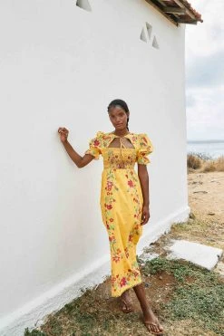 FARM RIO Yellow Flower Dream Puff Sleeve Maxi Dress