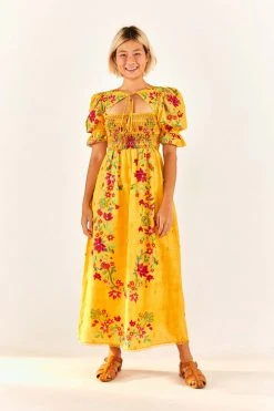 FARM RIO Yellow Flower Dream Puff Sleeve Maxi Dress