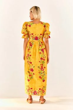 FARM RIO Yellow Flower Dream Puff Sleeve Maxi Dress