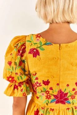 FARM RIO Yellow Flower Dream Puff Sleeve Maxi Dress