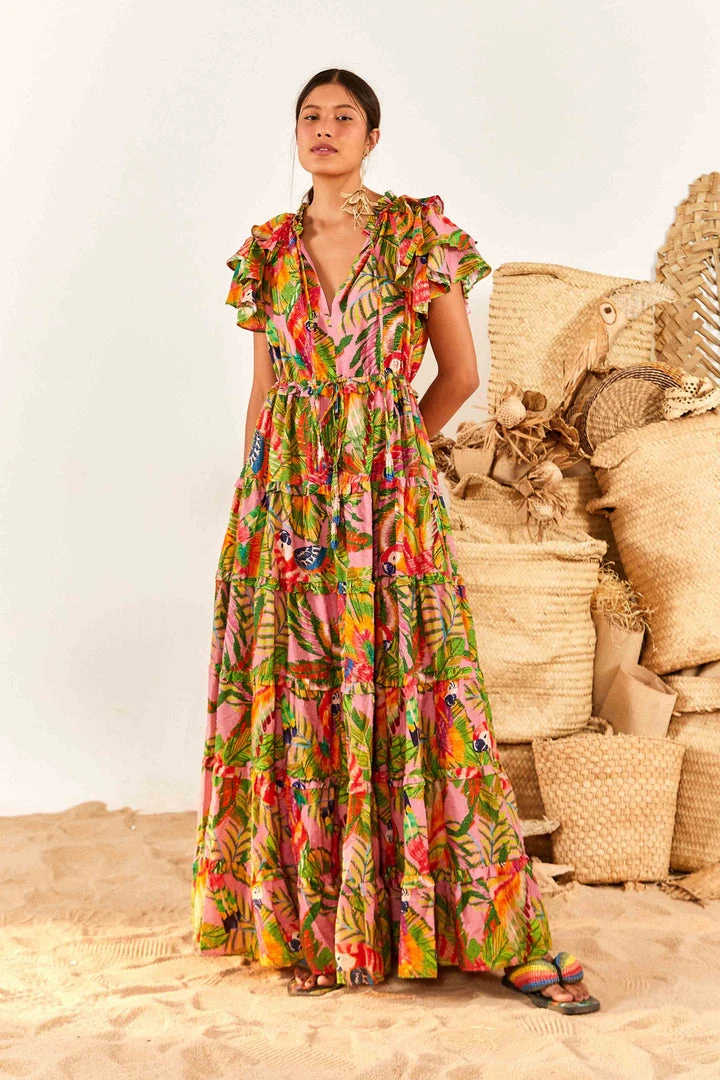FARM RIO Macaw Leaves Flutter Sleeve Maxi Dress New In 4 FARM RIO Macaw Leaves Flutter Sleeve Maxi Dress New In