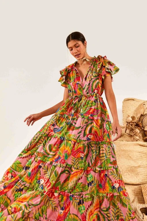 FARM RIO Macaw Leaves Flutter Sleeve Maxi Dress New In 5 FARM RIO Macaw Leaves Flutter Sleeve Maxi Dress New In