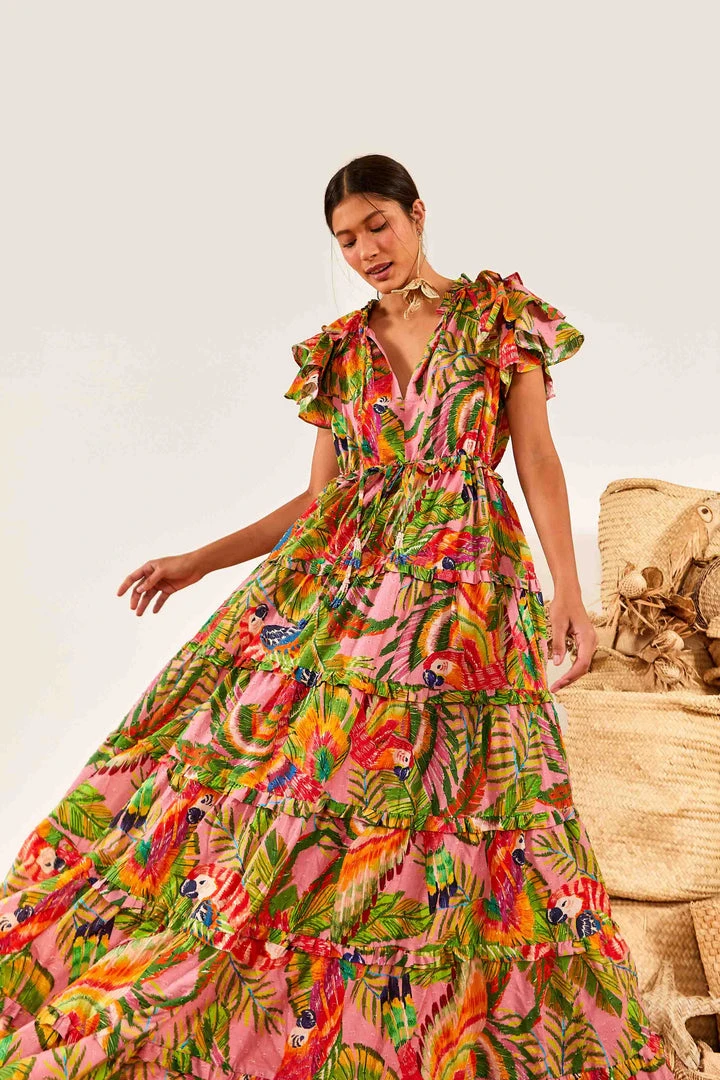 FARM RIO Macaw Leaves Flutter Sleeve Maxi Dress New In 1 FARM RIO Macaw Leaves Flutter Sleeve Maxi Dress New In