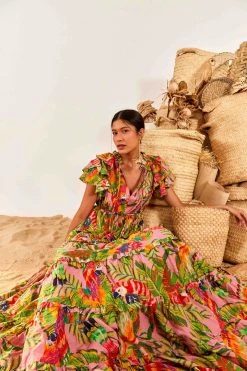 FARM RIO Macaw Leaves Flutter Sleeve Maxi Dress New In 9 FARM RIO Macaw Leaves Flutter Sleeve Maxi Dress New In