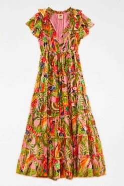FARM RIO Macaw Leaves Flutter Sleeve Maxi Dress New In 13 FARM RIO Macaw Leaves Flutter Sleeve Maxi Dress New In