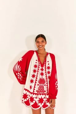 FARM RIO Red Tropical Cutwork Mini Dress