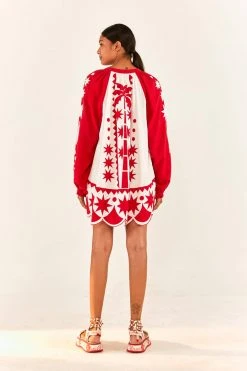 FARM RIO Red Tropical Cutwork Mini Dress