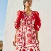 FARM RIO New In Red Tropical Cutwork Midi Dress