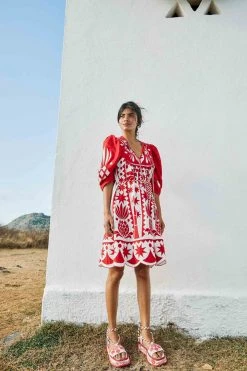 FARM RIO New In Red Tropical Cutwork Midi Dress