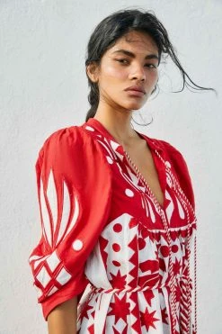 FARM RIO New In Red Tropical Cutwork Midi Dress