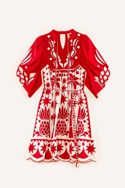 FARM RIO New In Red Tropical Cutwork Midi Dress