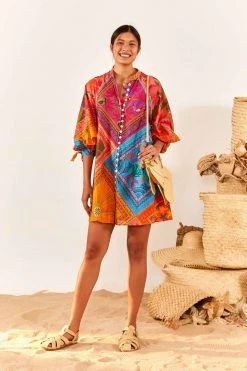 FARM RIO Mixed Scarves Button-Down Mini Dress
