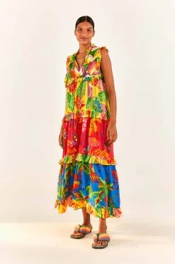 FARM RIO Mixed Prints Tiered Maxi Dress