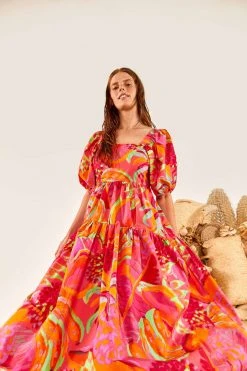 FARM RIO New In Fruit Brush Puff Sleeve Midi Dress