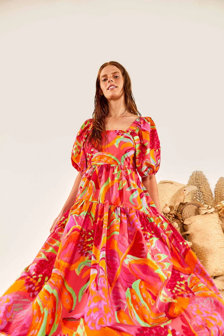 FARM RIO New In Fruit Brush Puff Sleeve Midi Dress 1 FARM RIO New In Fruit Brush Puff Sleeve Midi Dress