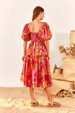 FARM RIO New In Fruit Brush Puff Sleeve Midi Dress