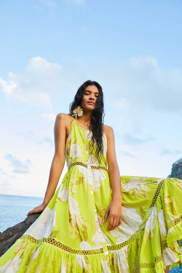 FARM RIO Yellow Neon Garden Midi Dress New In FARM RIO Yellow Neon Garden Midi Dress New In