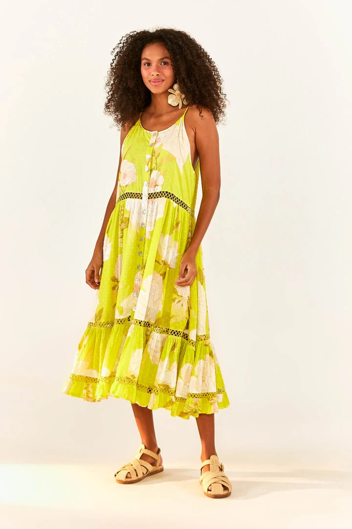 FARM RIO Yellow Neon Garden Midi Dress New In FARM RIO Yellow Neon Garden Midi Dress New In