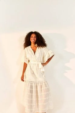 FARM RIO New In Off-White Embroidered Trim Midi Dress