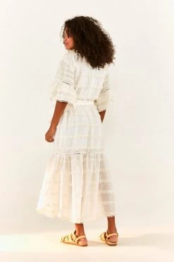 FARM RIO New In Off-White Embroidered Trim Midi Dress