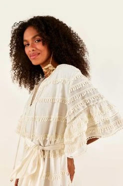 FARM RIO New In Off-White Embroidered Trim Midi Dress