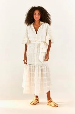 FARM RIO New In Off-White Embroidered Trim Midi Dress