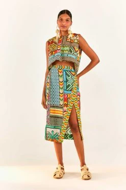 FARM RIO Banana Scarves Slit Midi Skirt New In 10 FARM RIO Banana Scarves Slit Midi Skirt New In