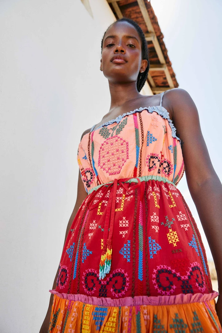 FARM RIO Color Block Embroidered Midi Dress New In 3 FARM RIO Color Block Embroidered Midi Dress New In