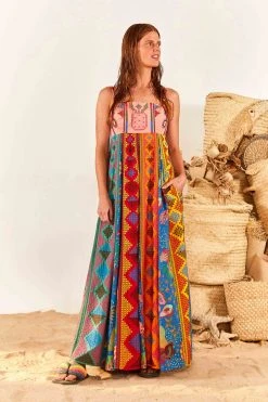 FARM RIO Color Block Embroidered Maxi Dress