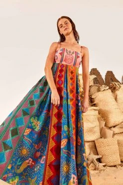 FARM RIO Color Block Embroidered Maxi Dress
