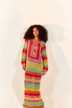 FARM RIO New In Striped Multicolor Crochet Dress