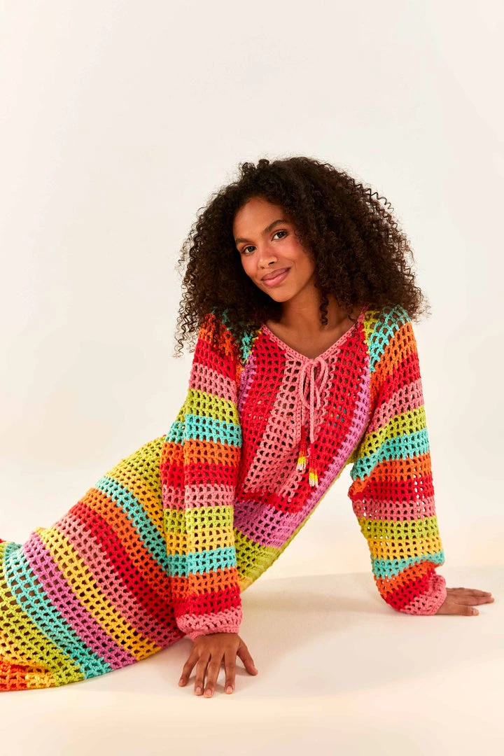 FARM RIO New In Striped Multicolor Crochet Dress 3 FARM RIO New In Striped Multicolor Crochet Dress