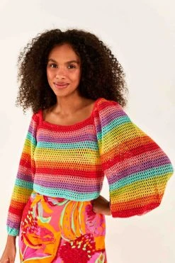 FARM RIO Striped Multicolor Crochet Pullover New In