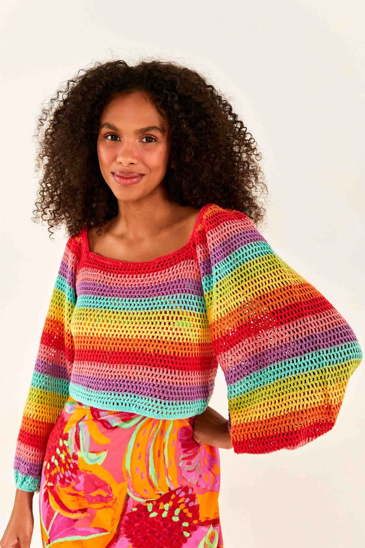 FARM RIO Striped Multicolor Crochet Pullover New In 1 FARM RIO Striped Multicolor Crochet Pullover New In