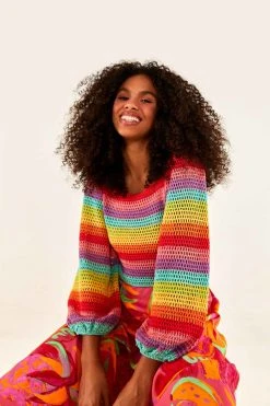 FARM RIO Striped Multicolor Crochet Pullover New In 8 FARM RIO Striped Multicolor Crochet Pullover New In